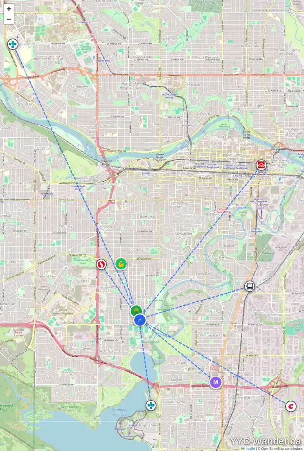 Daily accessibility map for 1736 49 AV SW, Calgary showing nearby schools, grocery stores, parks, LRT stations and nearby amenities
