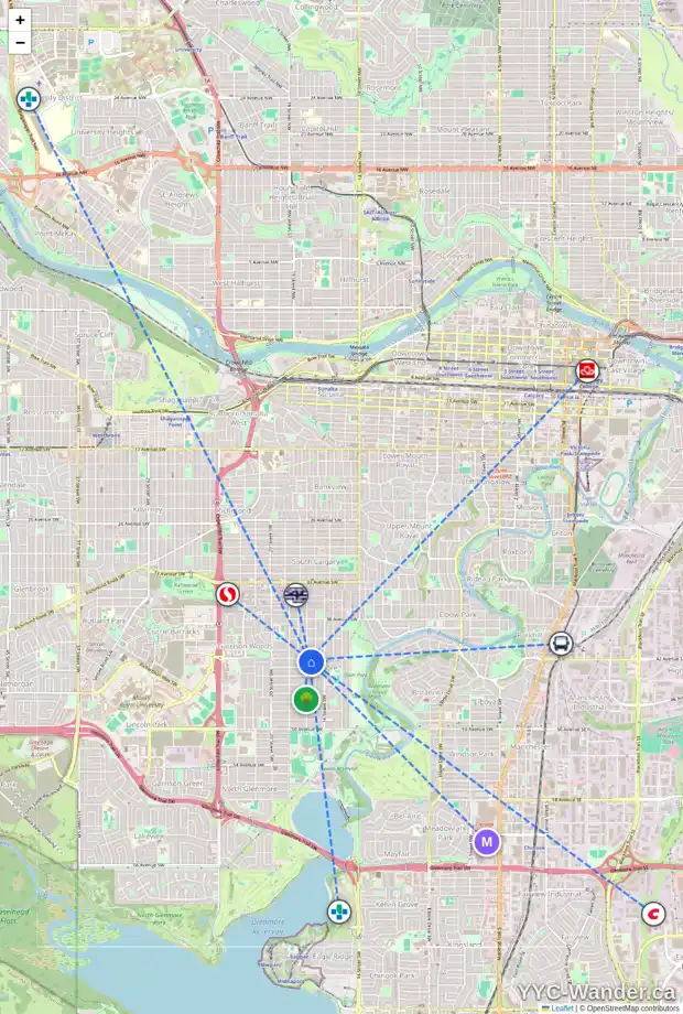 Daily accessibility map for 1757 42 AV SW, Calgary showing nearby schools, grocery stores, parks, LRT stations and nearby amenities