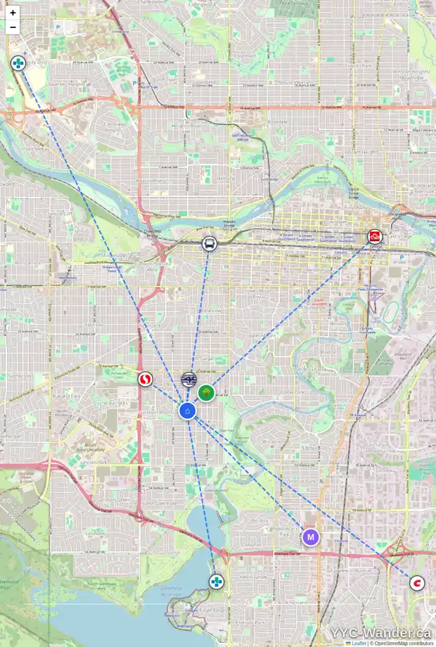 Daily accessibility map for 4108 19 ST SW, Calgary showing nearby schools, grocery stores, parks, LRT stations and nearby amenities