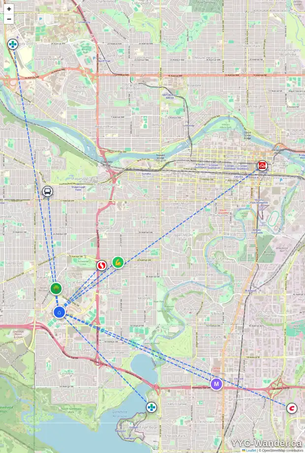 Daily accessibility map for 4825 MOUNT ROYAL GA SW, Calgary showing nearby schools, grocery stores, parks, LRT stations and nearby amenities