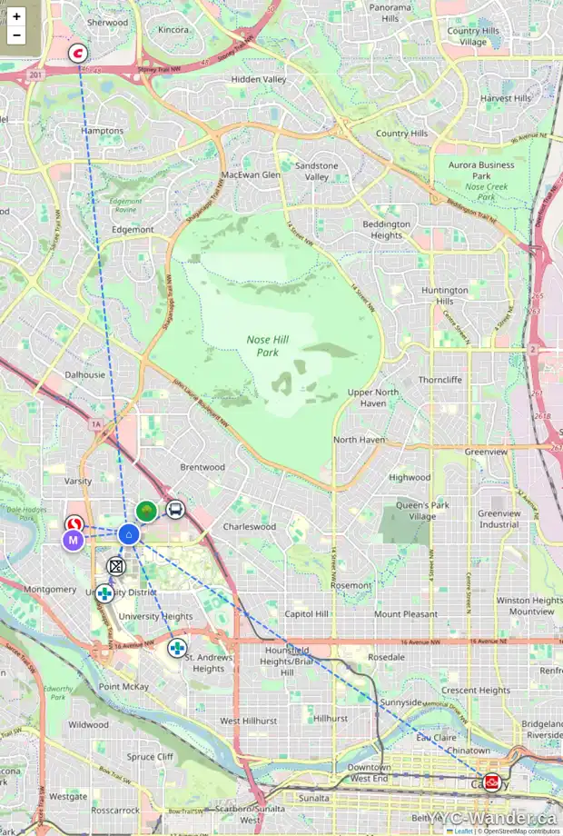 Daily accessibility map for 3423 VARAL RD NW, Calgary showing nearby schools, grocery stores, parks, LRT stations and nearby amenities