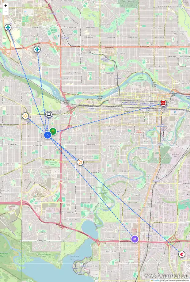 Daily accessibility map for 2212 27 ST SW, Calgary showing nearby schools, grocery stores, parks, LRT stations and nearby amenities