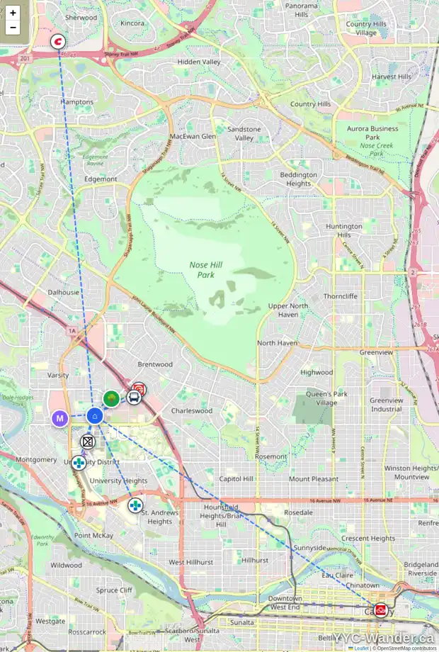 Daily accessibility map for 8 VARAL PL NW, Calgary showing nearby schools, grocery stores, parks, LRT stations and nearby amenities