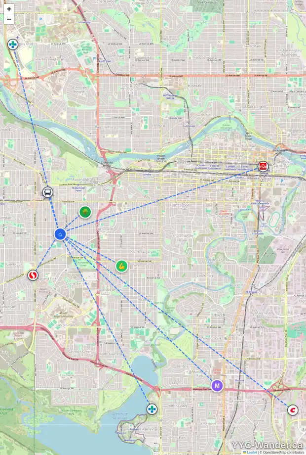 Daily accessibility map for 2632 31 ST SW, Calgary showing nearby schools, grocery stores, parks, LRT stations and nearby amenities