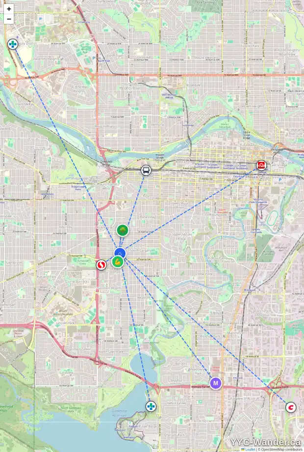 Daily accessibility map for 2107 31 AV SW, Calgary showing nearby schools, grocery stores, parks, LRT stations and nearby amenities