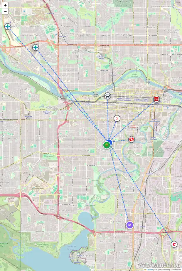 Daily accessibility map for 2701 10 ST SW, Calgary showing nearby schools, grocery stores, parks, LRT stations and nearby amenities