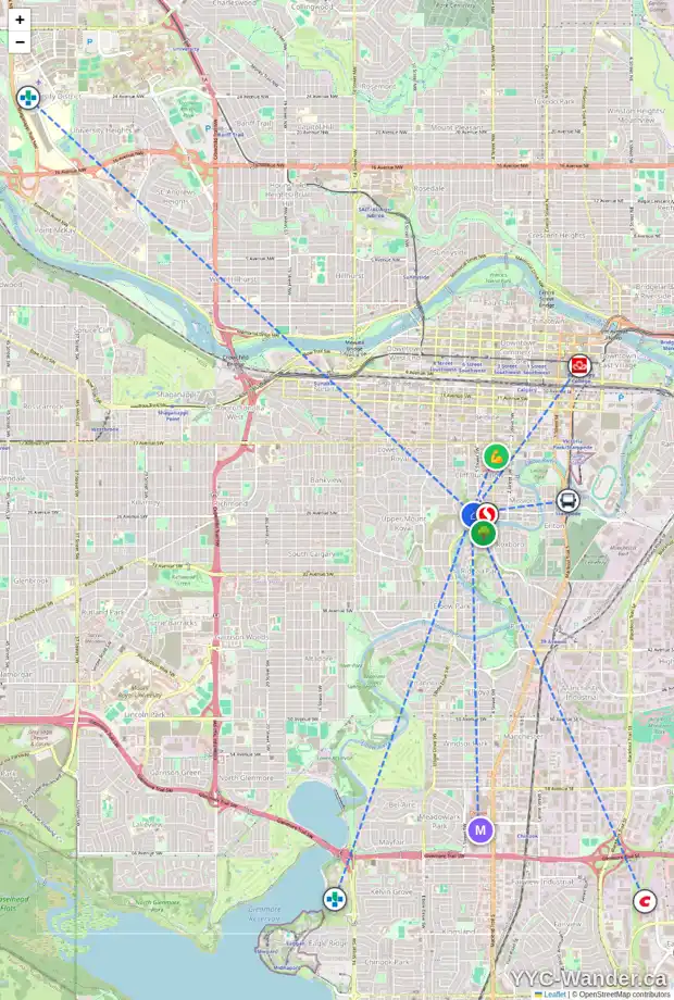 Daily accessibility map for 608 HILLCREST AV SW, Calgary showing nearby schools, grocery stores, parks, LRT stations and nearby amenities