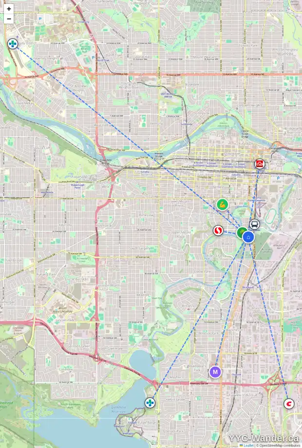 Daily accessibility map for 46 28 AV SW, Calgary showing nearby schools, grocery stores, parks, LRT stations and nearby amenities