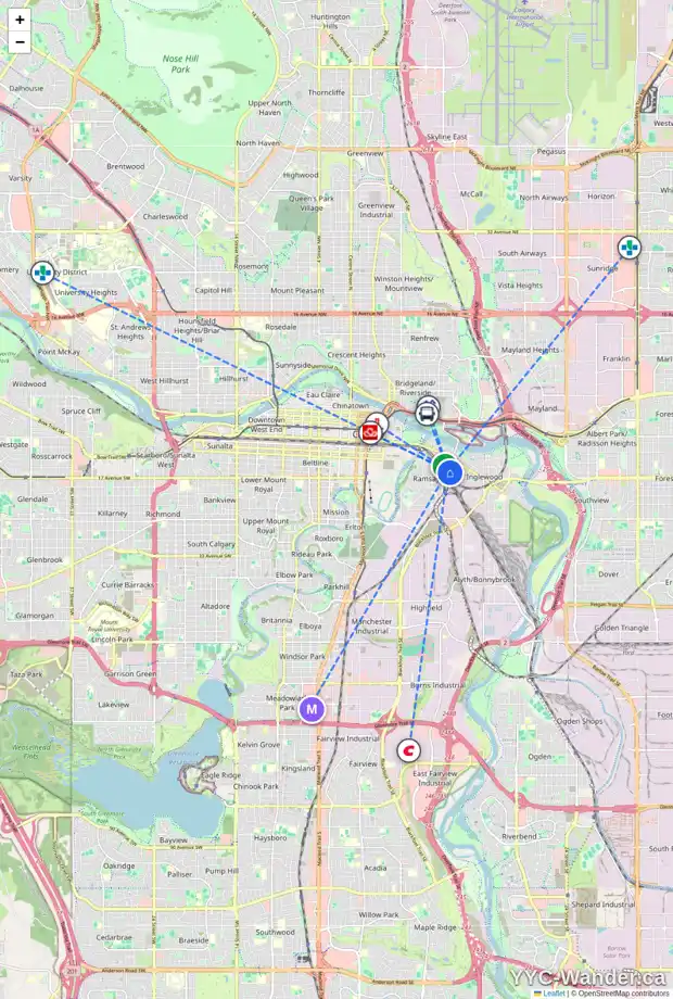 Daily accessibility map for 1313 11 AV SE, Calgary showing nearby schools, grocery stores, parks, LRT stations and nearby amenities