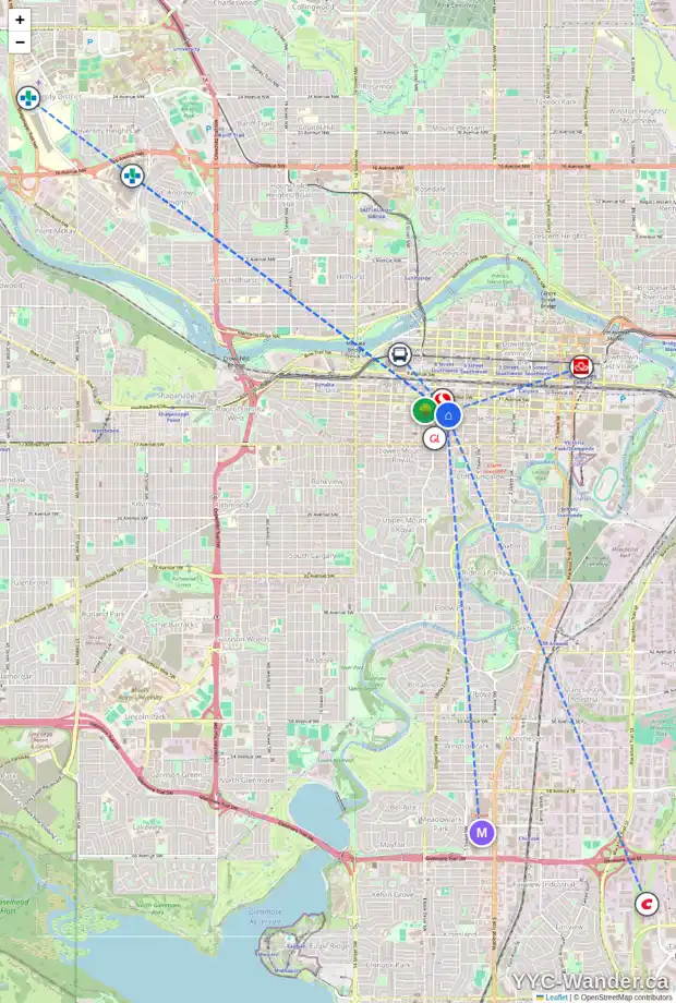 Daily accessibility map for 810 13 AV SW, Calgary showing nearby schools, grocery stores, parks, LRT stations and nearby amenities