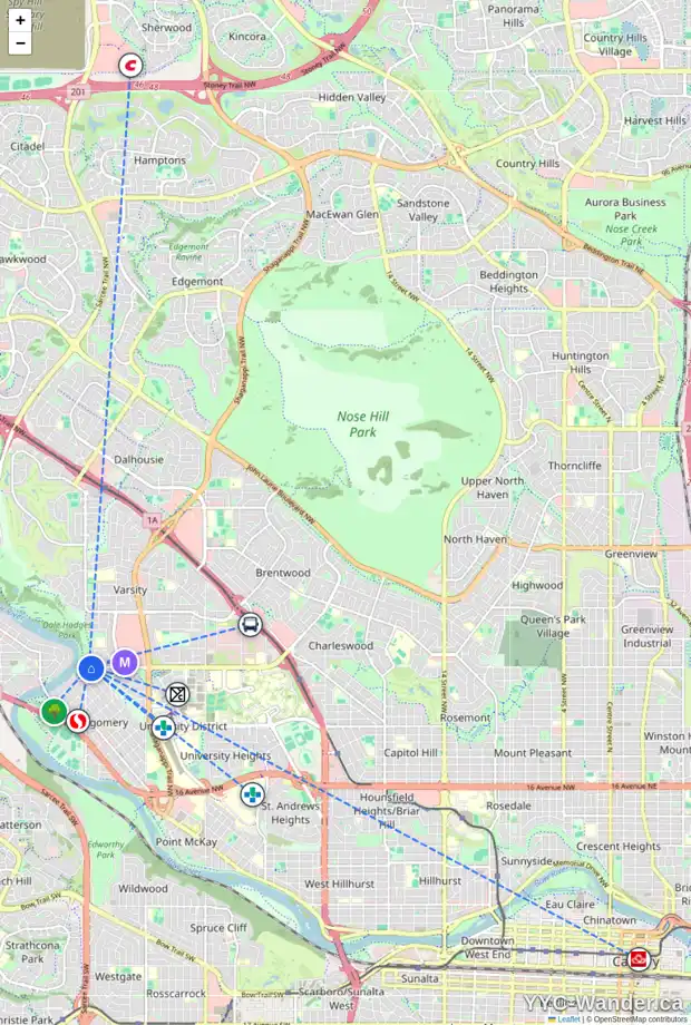 Daily accessibility map for 5324 32 AV NW, Calgary showing nearby schools, grocery stores, parks, LRT stations and nearby amenities