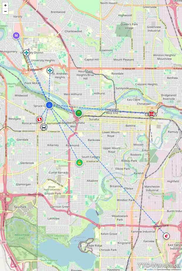 Daily accessibility map for 204 328 CEDAR CR SW, Calgary showing nearby schools, grocery stores, parks, LRT stations and nearby amenities
