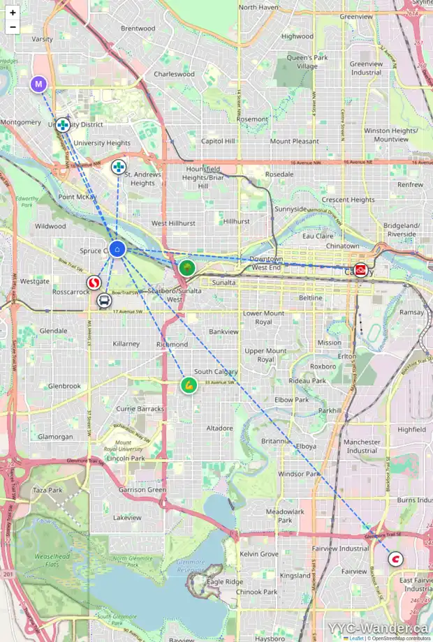 Daily accessibility map for 301 332 CEDAR CR SW, Calgary showing nearby schools, grocery stores, parks, LRT stations and nearby amenities