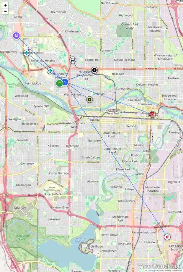 Daily accessibility map for 2540 11 AV NW, Calgary showing nearby schools, grocery stores, parks, LRT stations and nearby amenities