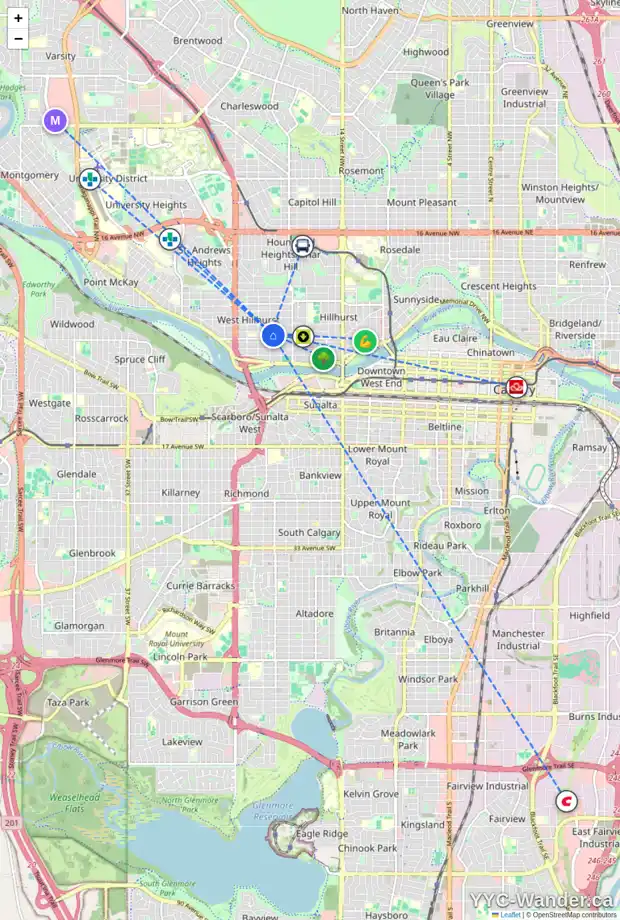 Daily accessibility map for 2135 1 AV NW, Calgary showing nearby schools, grocery stores, parks, LRT stations and nearby amenities