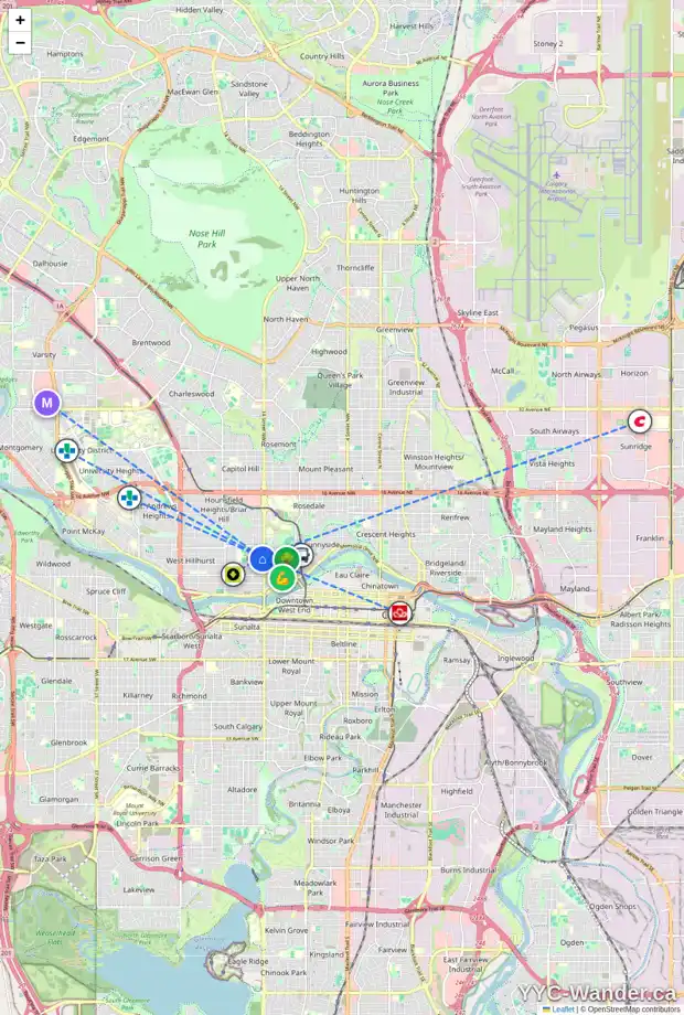 Daily accessibility map for 414 15 ST NW, Calgary showing nearby schools, grocery stores, parks, LRT stations and nearby amenities