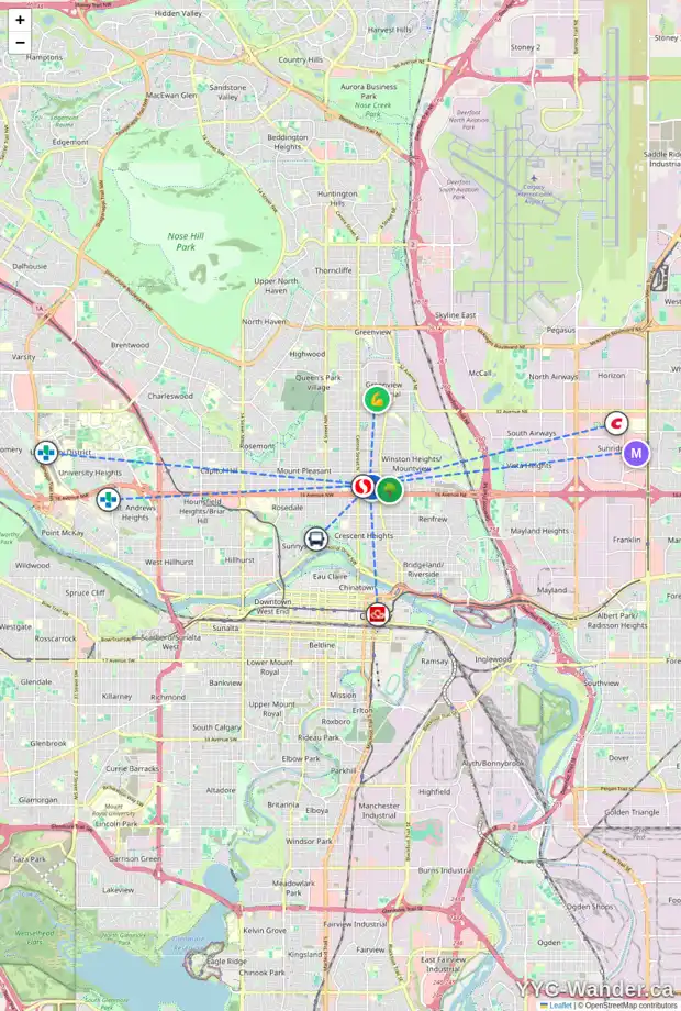 Daily accessibility map for 211 18 AV NE, Calgary showing nearby schools, grocery stores, parks, LRT stations and nearby amenities
