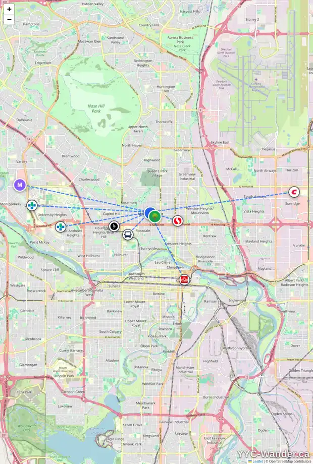 Daily accessibility map for 730 21 AV NW, Calgary showing nearby schools, grocery stores, parks, LRT stations and nearby amenities