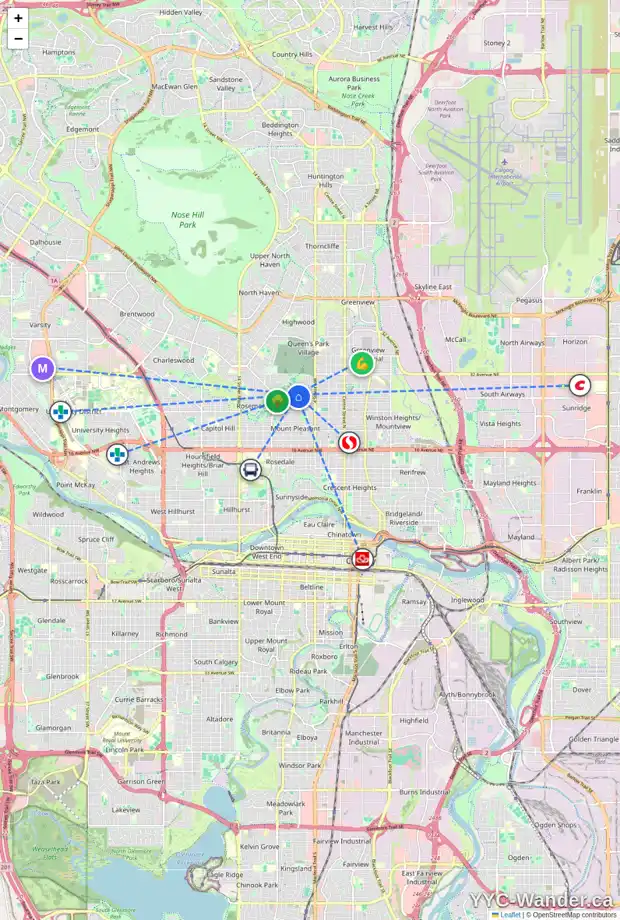 Daily accessibility map for 657 28 AV NW, Calgary showing nearby schools, grocery stores, parks, LRT stations and nearby amenities