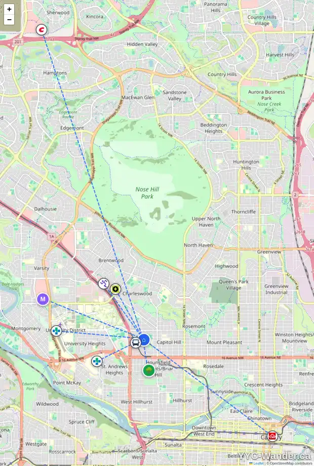 Daily accessibility map for 2356 22A ST NW, Calgary showing nearby schools, grocery stores, parks, LRT stations and nearby amenities