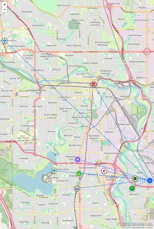 Daily accessibility map for 7643 OGDEN RD SE, Calgary showing nearby schools, grocery stores, parks, LRT stations and nearby amenities