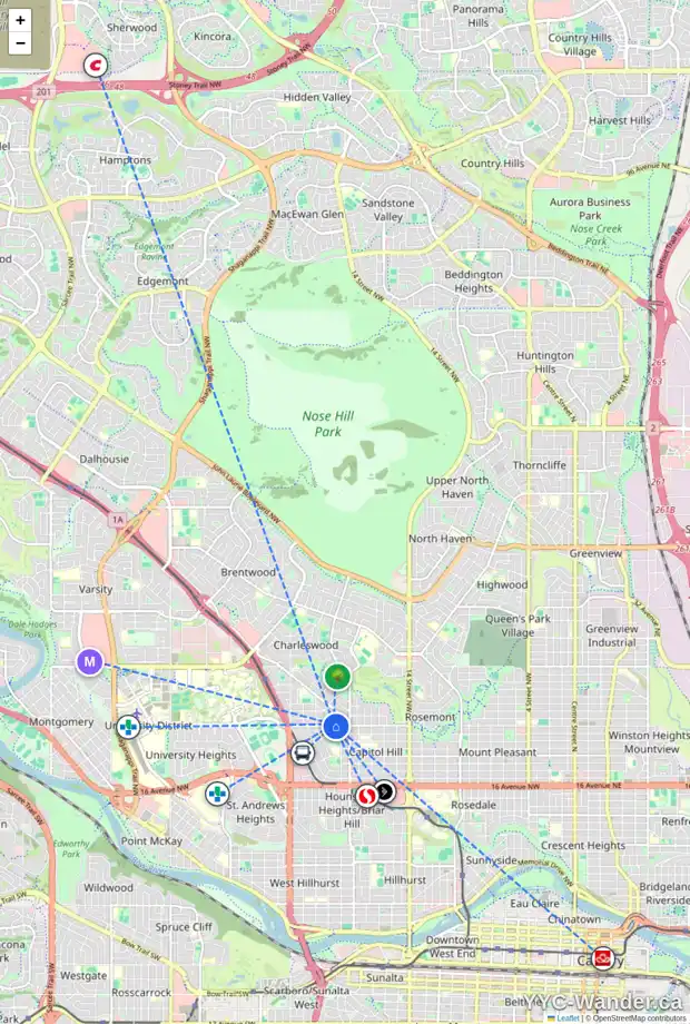 Daily accessibility map for 2122 24 AV NW, Calgary showing nearby schools, grocery stores, parks, LRT stations and nearby amenities