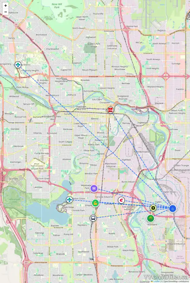 Daily accessibility map for 7610 27 ST SE, Calgary showing nearby schools, grocery stores, parks, LRT stations and nearby amenities