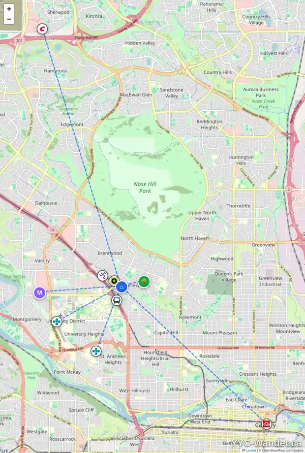 Daily accessibility map for 2635 34 AV NW, Calgary showing nearby schools, grocery stores, parks, LRT stations and nearby amenities
