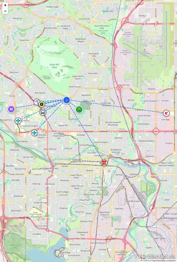 Daily accessibility map for 4028 COMANCHE RD NW, Calgary showing nearby schools, grocery stores, parks, LRT stations and nearby amenities