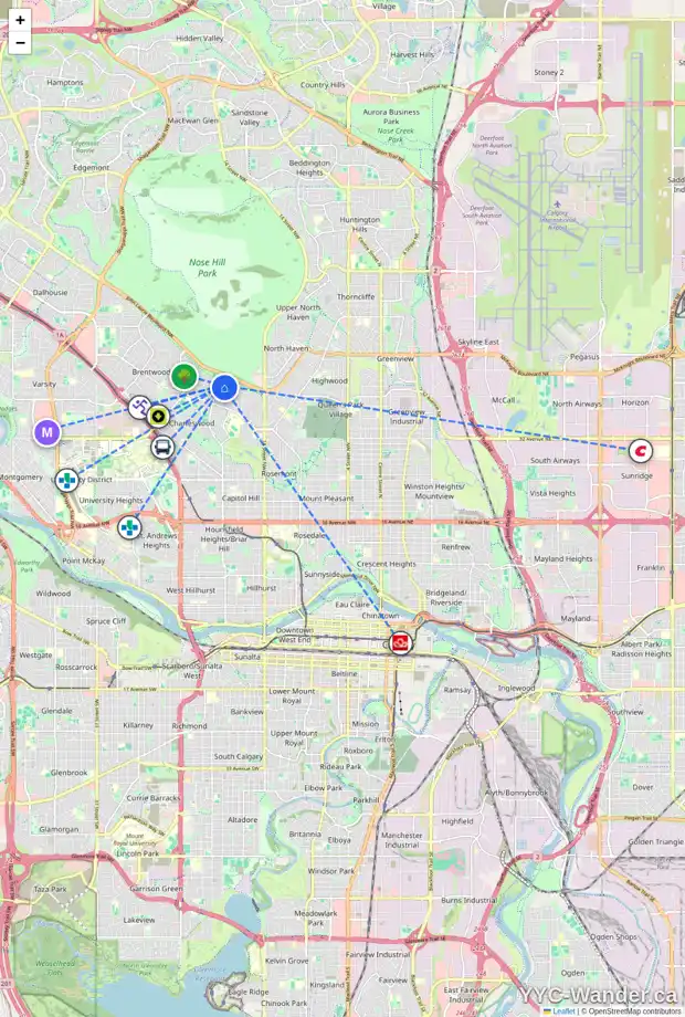 Daily accessibility map for 1908 CAYUGA DR NW, Calgary showing nearby schools, grocery stores, parks, LRT stations and nearby amenities