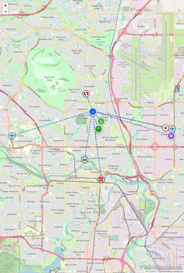 Daily accessibility map for 223 42 AV NW, Calgary showing nearby schools, grocery stores, parks, LRT stations and nearby amenities