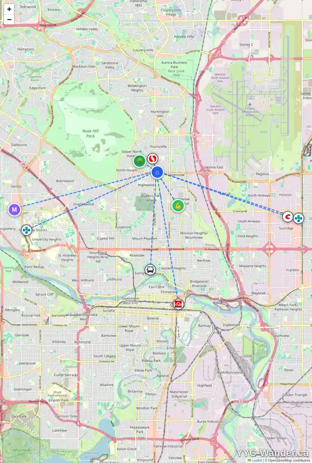 Daily accessibility map for 419 THORNHILL PL NW, Calgary showing nearby schools, grocery stores, parks, LRT stations and nearby amenities