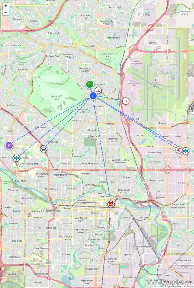 Daily accessibility map for 635 HUNTS CR NW, Calgary showing nearby schools, grocery stores, parks, LRT stations and nearby amenities