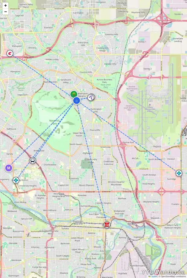 Daily accessibility map for 80 BERMONDSEY RI NW, Calgary showing nearby schools, grocery stores, parks, LRT stations and nearby amenities