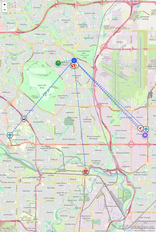 Daily accessibility map for 8423 CENTRE ST NW, Calgary showing nearby schools, grocery stores, parks, LRT stations and nearby amenities