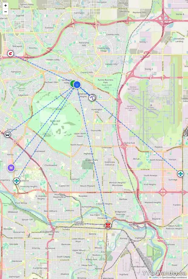 Daily accessibility map for 111 SANTANA PL NW, Calgary showing nearby schools, grocery stores, parks, LRT stations and nearby amenities