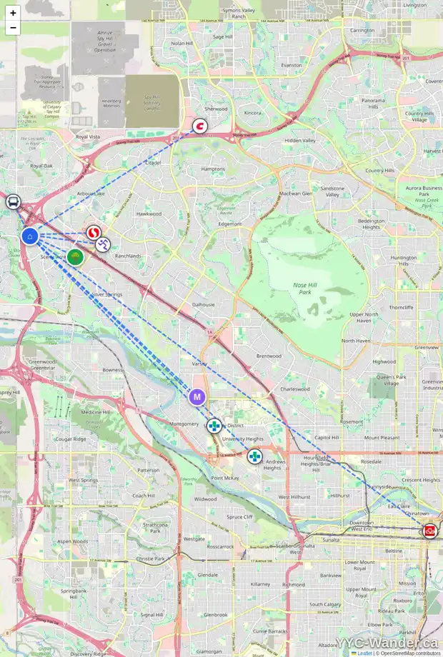 Daily accessibility map for 727 SCHUBERT PL NW, Calgary showing nearby schools, grocery stores, parks, LRT stations and nearby amenities