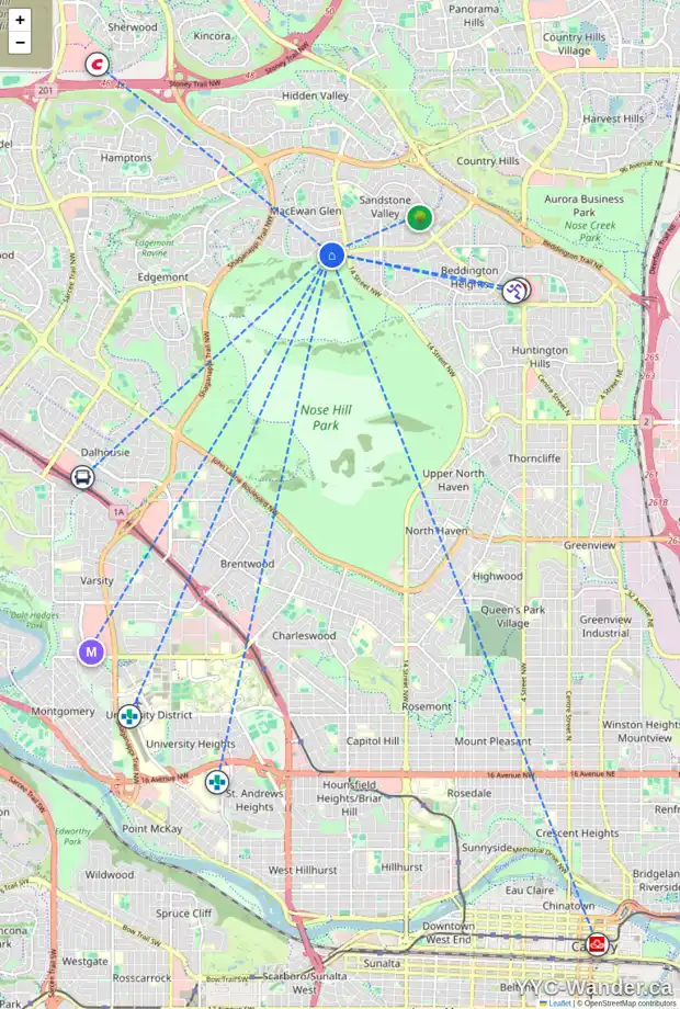 Daily accessibility map for 66 MACEWAN GLEN DR NW, Calgary showing nearby schools, grocery stores, parks, LRT stations and nearby amenities