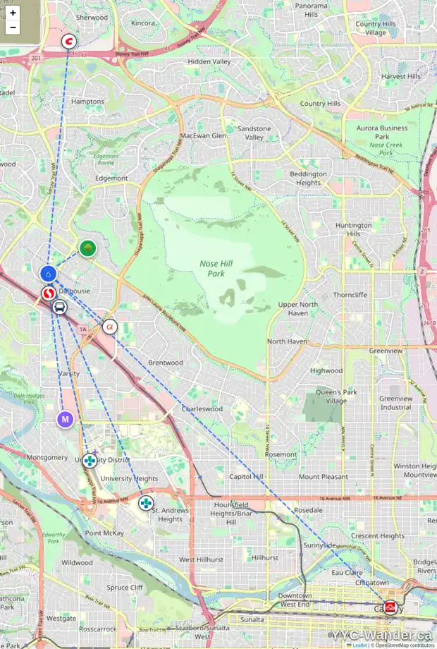 Daily accessibility map for 5403 DALRYMPLE CR NW, Calgary showing nearby schools, grocery stores, parks, LRT stations and nearby amenities