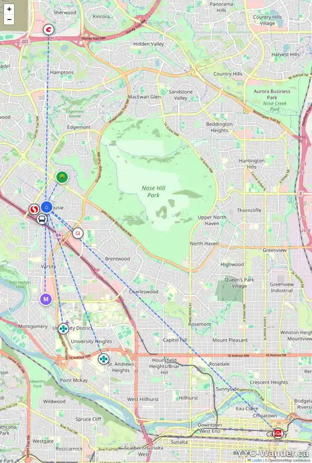 Daily accessibility map for 5839 DALFORD HL NW, Calgary showing nearby schools, grocery stores, parks, LRT stations and nearby amenities