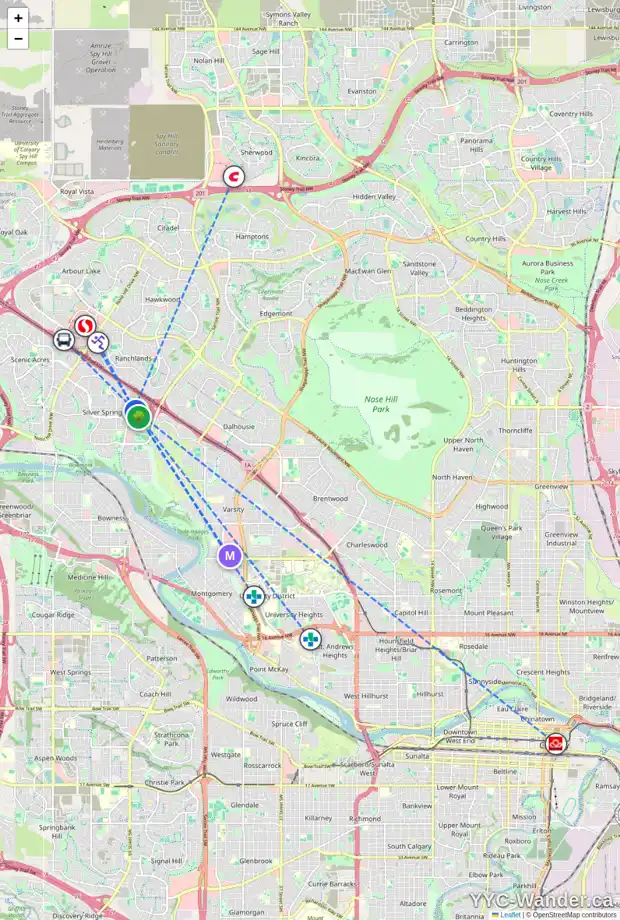 Daily accessibility map for 6947 SILVER SPRINGS RD NW, Calgary showing nearby schools, grocery stores, parks, LRT stations and nearby amenities