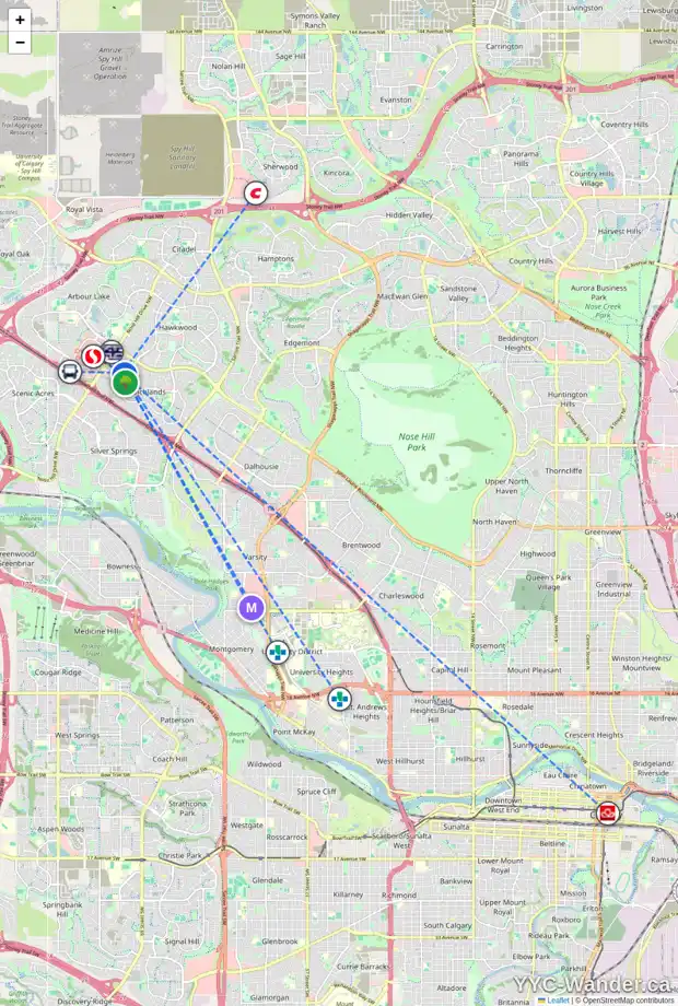 Daily accessibility map for 92 RANGE GR NW, Calgary showing nearby schools, grocery stores, parks, LRT stations and nearby amenities