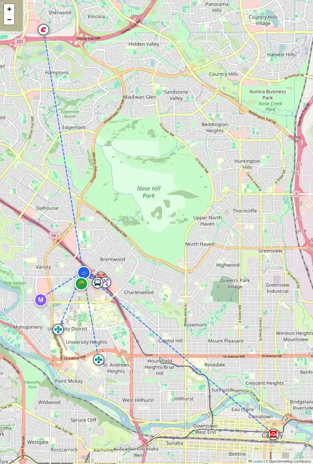 Daily accessibility map for 411 3500 VARSITY DR NW, Calgary showing nearby schools, grocery stores, parks, LRT stations and nearby amenities