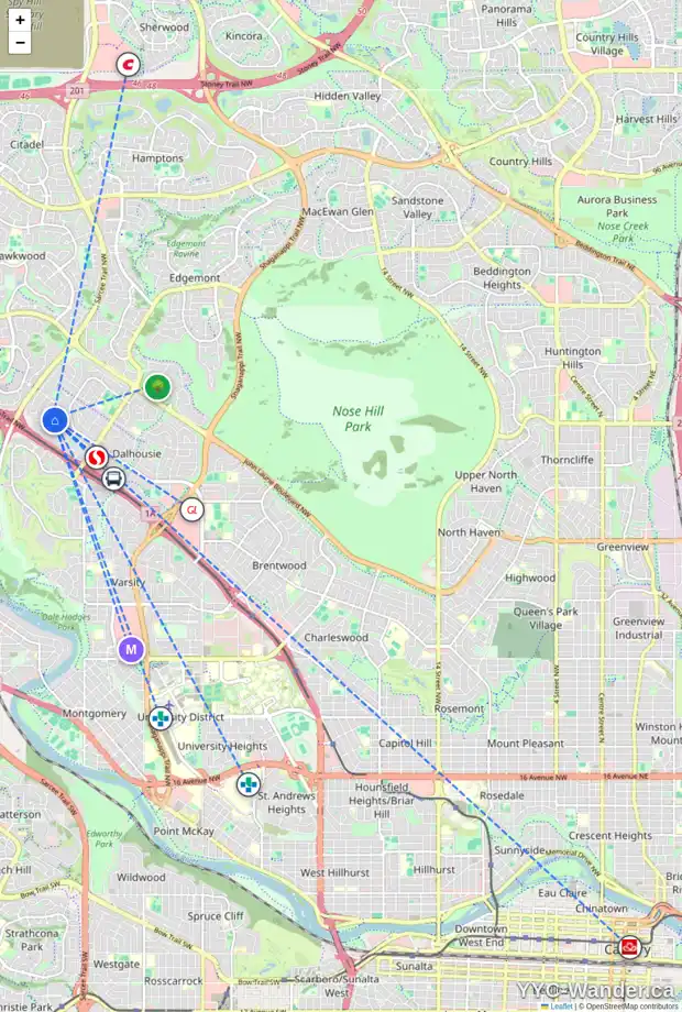 Daily accessibility map for 6507 58 ST NW, Calgary showing nearby schools, grocery stores, parks, LRT stations and nearby amenities