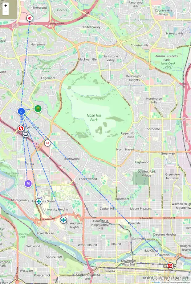Daily accessibility map for 5516 DALWOOD WY NW, Calgary showing nearby schools, grocery stores, parks, LRT stations and nearby amenities