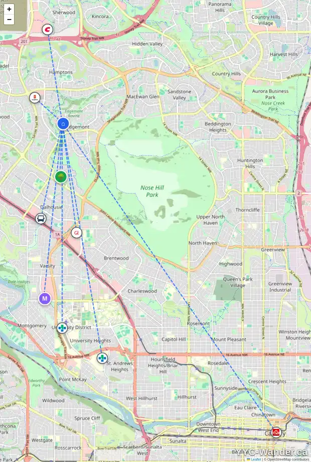 Daily accessibility map for 59 EDGEVIEW HT NW, Calgary showing nearby schools, grocery stores, parks, LRT stations and nearby amenities