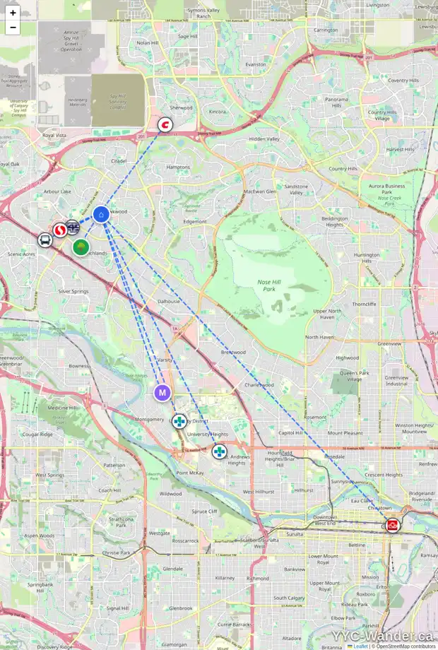 Daily accessibility map for 163 HAWKWOOD DR NW, Calgary showing nearby schools, grocery stores, parks, LRT stations and nearby amenities