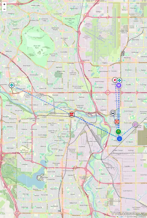 Daily accessibility map for 284 DOVER RIDGE CL SE, Calgary showing nearby schools, grocery stores, parks, LRT stations and nearby amenities
