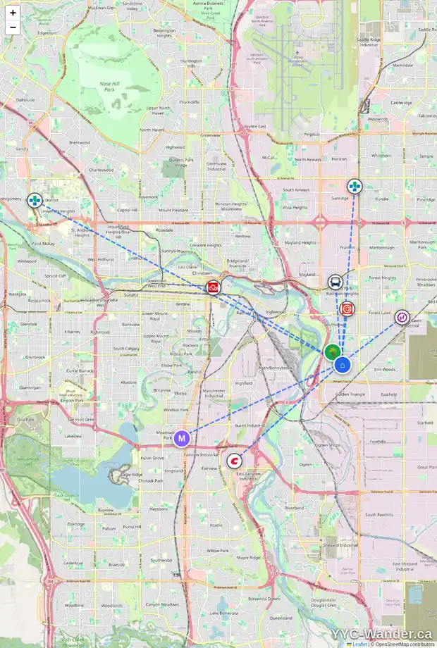 Daily accessibility map for 3620 28 ST SE, Calgary showing nearby schools, grocery stores, parks, LRT stations and nearby amenities