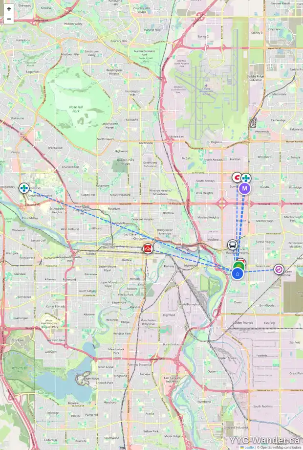 Daily accessibility map for 2033 BIRCH CR SE, Calgary showing nearby schools, grocery stores, parks, LRT stations and nearby amenities